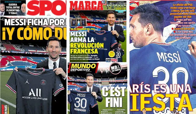 Presentación de Messi en el PSG colmó las portadas de los principales medios deportivos españoles. fotos: Sport, Marca, As y Mundo Deportivo.