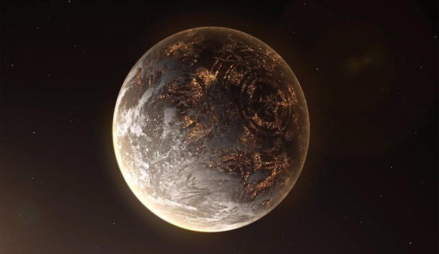Recreación artística de un hipotético exoplaneta con luces artificiales en el lado nocturno. Foto: Sciworthy
