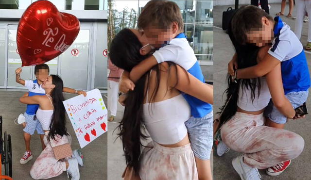 Sheyla Rojas abraza a su hijo Antoñito al salir del aeropuerto en España. Foto: Antonio Pavón/ Instagram