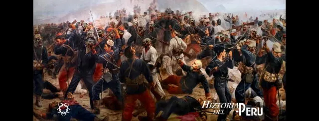 Imagen intervenida del cuadro de Lepiani: Francisco Bolognesi contra soldados zombis en Arica.