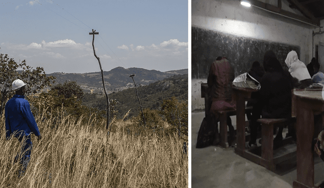 Colrerd Nkosi inspecciona las líneas eléctricas de su turbina hidroeléctrica que ha llevado luz al colegio del pueblo de Yobe Nkosi. Foto: composición/AFP