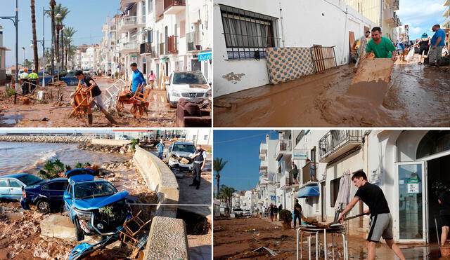 Horas de fuertes lluvias provocaron inundaciones en el este de España, con algunas zonas costeras abrumadas por inundaciones repentinas que arrasaron coches y árboles. Foto: EFE y AFP
