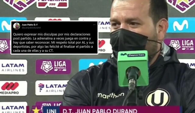 Juan Pablo Durand, entrenador de Universitario, se disculpó por Twitter. Foto: captura de Movistar Deportes