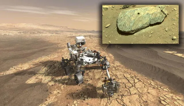Ilustración del rover Perseverance en la superficie de Marte. A la derecha, el fragmento de roca. Foto: composición/NASA/JPL-Caltech