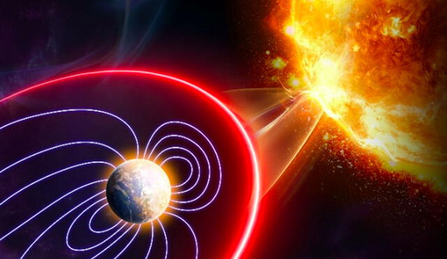 Ilustración de una llamarada solar impactando el campo magnético de la Tierra. Imagen: Jing Liu