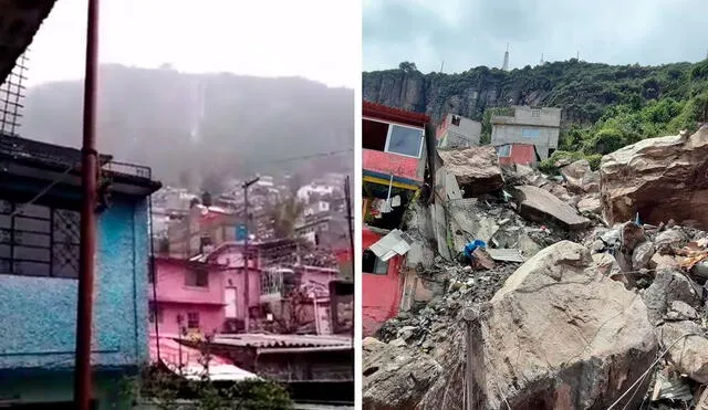 Las primeras imágenes del derrumbe muestran enormes rocas que han aplastado varios edificios y construcciones de la calle Club Exploradores de Chimalhuacán. Foto: captura de Twitter
