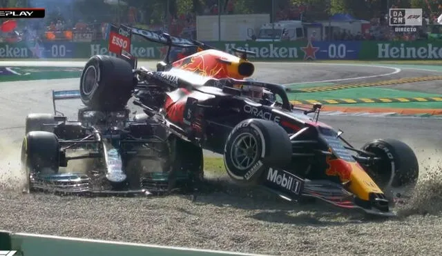 El piloto de Mercedes y el de Red Bull se encontraron en pista en la chicana 1. Foto: DAZN