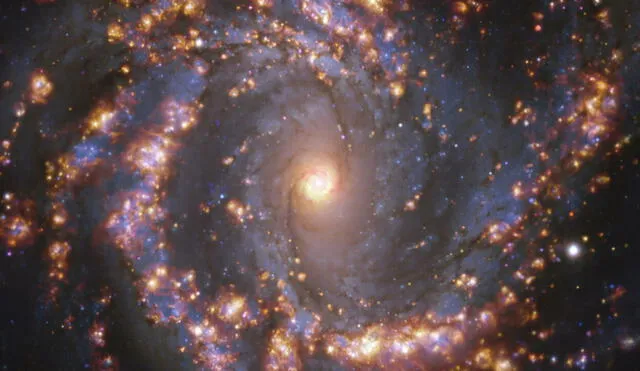 Imagen compuesta de la galaxia NGC 4303, situada a unos 55 millones de años luz, y detectada con el instrumento Muse del telescopio VLT. Foto: Handout European Southern Observatory/AFP