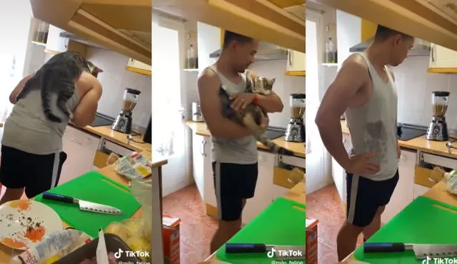 El joven se divertía con su 'amigo' felino en su cocina cuando fue descubierto por su hermana. Foto: captura de TikTok