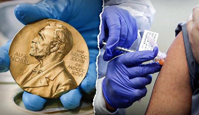 Aplicación de una dosis de la vacuna Moderna y Medalla de oro del Premio Nobel. Foto: referencial / Ted S. Warren, AP / Fernando Vergara, AP