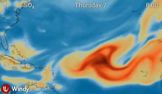 Pronóstico del transporte de dióxido de azufre para el miércoles 7 de octubre. Se observa su llegada a las islas del Caribe y el norte de Sudamérica. Imagen: Windy.com
