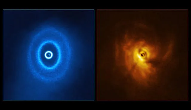 A la izquierda, una imagen del telescopio ALMA revela los tres anillos de GW Ori, con el más pequeño separado a gran distancia del resto. A la derecha, las observaciones de SPHERE revelan la sombra del anillo interno. Foto: ESO/Exeter/Kraus et al./L. Calçada