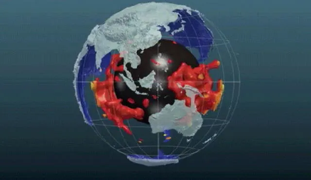 Visualización de los dos 'continentes' asentados sobre el núcleo de la Tierra. Imagen: Scott W. French y Barbara Romanowicz