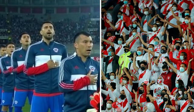 Los jugadores de la selección chilena tuvieron que cantar su himno en medio de pitidos y pifias del público peruano. Foto: composición EFE/captura de video