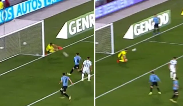 'Dibu' Martínez con doble atajada impide el gol de Uruguay. Foto: captura video TV Pública