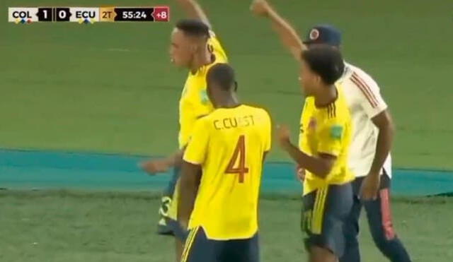 Yerry Mina suele bailar luego de anotar un gol en partidos decisivos. Foto: captura Movistar Deportes