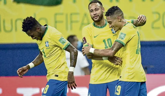 Celebra. Neymar y su gran noche con camiseta brasileña. Foto: AFP