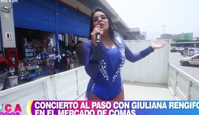 Giuliana Rengifo canta y baila en mercado Unicachi para secuencia especial de En boca de todos. Foto: captura de América TV