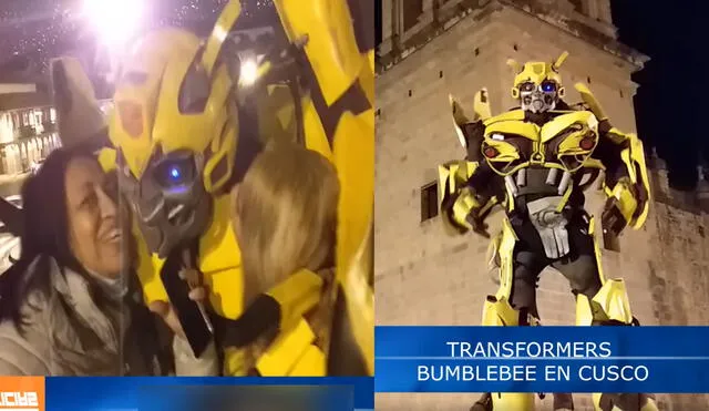 Turistas y ciudadanos se tomaron fotografías con Bumblebee  en el Cercado de Cusco. Foto: TV Mundo