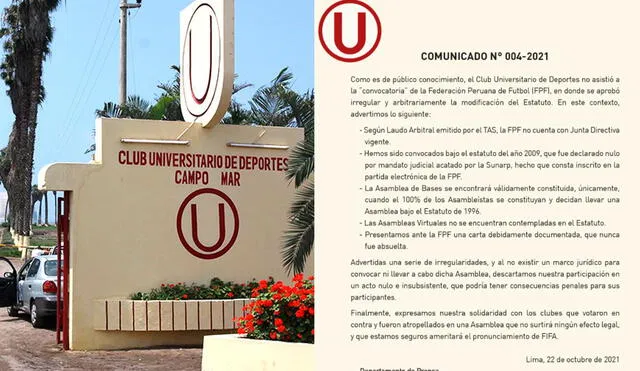 Universitario de Deportes se mostró en desacuerdo con FPF tras la aprobación de nuevos estatutos. Foto: Universitario de Deportes/Twitter