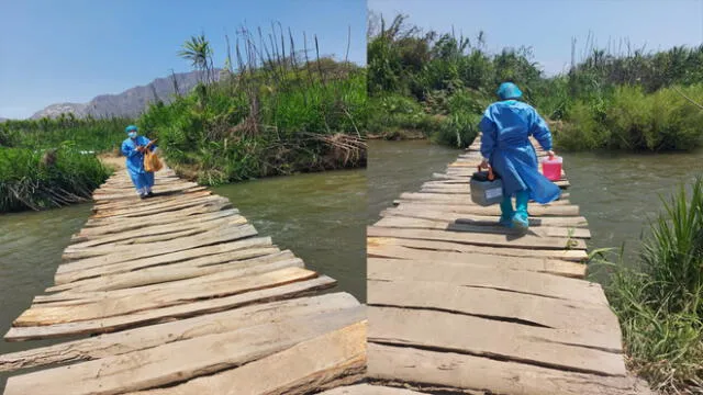 Brigada de EsSalud cruza puente de madera de Chumbeñique para vacunar a pobladores de zona rural de Cayaltí. Foto: EsSalud.