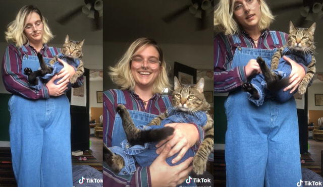 La dupla compartió en sus redes sociales su icónica vestimenta que combinaba hasta las rayas de la blusa de la joven y el pelaje del felino. Foto: captura de TikTok