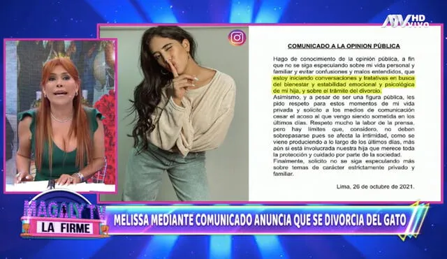 La presentadora de televisión habló fuerte y claro sobre el comunicado de Melissa Paredes. Foto: captura Magaly TV, la firme.