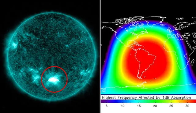 Momento en que el Sol expulsó la llamarada solar este 28 de octubre y el sector de la atmósfera donde el flujo de rayos X impactó con mayor intensidad. Imágenes: NASA / NOAA