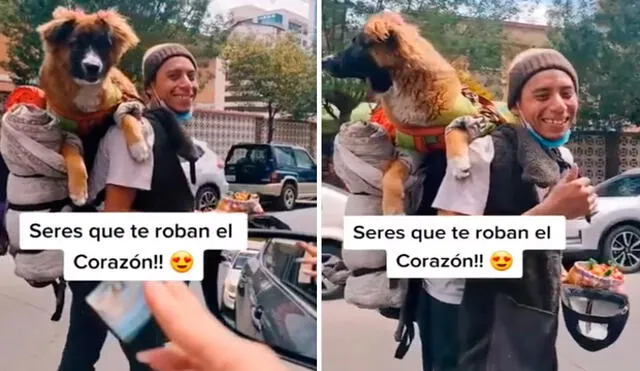 Una conductora detuvo su viaje para ayudar a un joven, quien se dedica a vender golosinas en las calles acompañado de su querida mascota. Foto: captura de YouTube