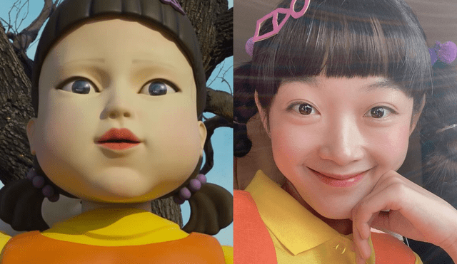 Lee Yoo Mi, Ji Yeong en Squid game, celebra Halloween con disfraz de muñeca de la serie. Foto: composición/Netflix/@leeyoum262