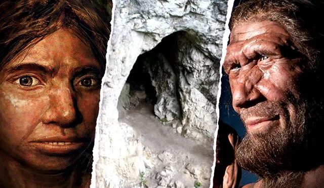 A la izquierda, el rostro de una niña denisovana; al centro, la Cueva Denisova en Siberia; a la derecha, el primer plano de un de un neandertal. Foto: composición/Maayan Harel/Wikimedia/Natural History Museum