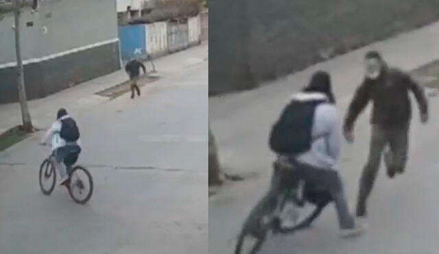 En un acto arriesgado, la joven ciclista decide atropellar al delincuente para luego perseguirlo al lado de la víctima. Ambas lograr acorralarlo. Foto: captura de América TV