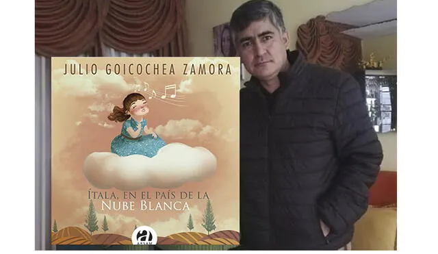 Escritor cajamarquino Julio Goicochea. Al lado, portada de su libro dedicado para niñas y niños.