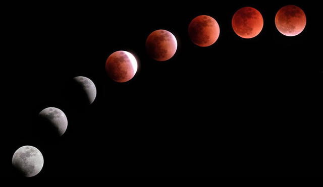 El 19 de noviembre habrá un eclipse lunar casi total, por lo que se apreciará una 'luna de sangre'. Imagen de las fases de este fenómeno: AFP