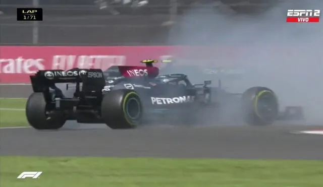 Bottas dio un trompo en la primera curva del autódromo de México. Foto: captura ESPN.