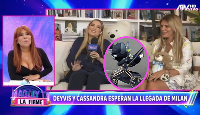 Jessica Newton y Cassandra González aprovecharon el espacio en el programa de Magaly para mostrar los presentes del baby shower de Milán. Foto: composición/captura ATV/Difusión