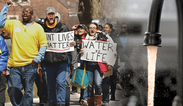 Los residentes de Flint marchan en por los problemas del agua en su comunidad. Foto: composición/ Dave Olds-Imani