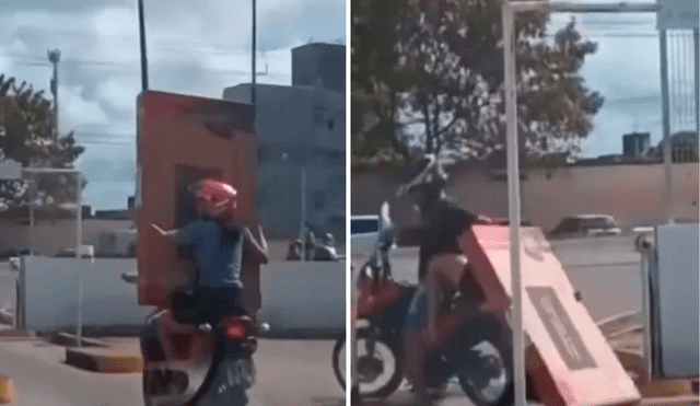 La pareja chocó contra el barandal de altura máxima del estacionamiento y la mujer cayó de espaldas junto con el televisor. Foto: captura de Facebook