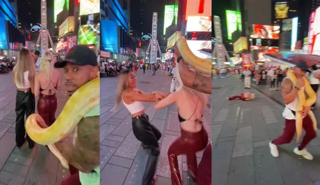 Hombre realiza pesadas bromas con serpiente real a transeúntes en Nueva York