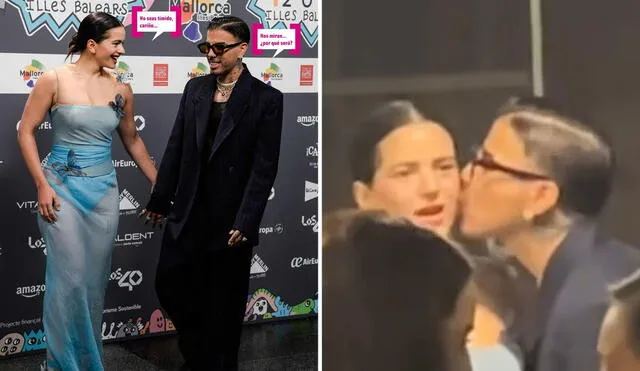 Rauw Alejandro y Rosalía caminaron de la mano en la alfombra roja de la premiación musical. Foto: GTSER/captura de TikTok/Kunno