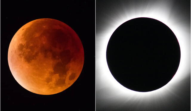 imágenes de un eclipse de luna (izquierda) y un eclipse de sol (derecha). Foto: composición / Matt Cardy / NASA