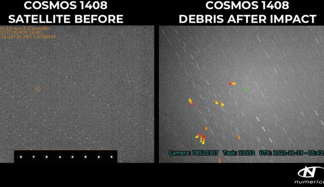 Imágenes del satélite soviético intacto en la imagen izquierda y después del impacto en la derecha. Foto: Numerica Corporation