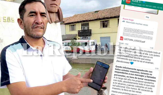 Alegato. Profesor Willy Quijano conserva en su celular el mensaje que le llegó a su WhatsApp con el pdf de la prueba. Foto: La República