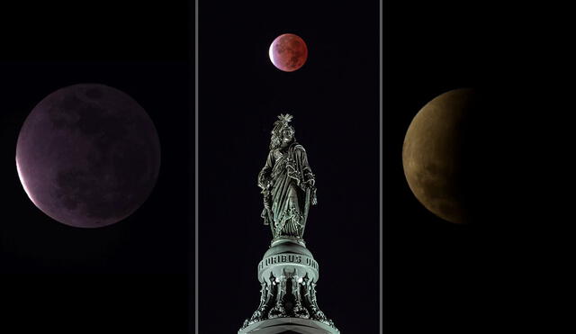 El eclipse lunar de este 19 de noviembre hizo que nuestro satélite natural luciera un color rojizo o cobrizo, dependiendo de las condiciones atmosféricas. Fotos: AFP / BASE / composición