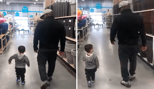El pequeño vio caminar a su padre y de inmediato comenzó a imitar sus movimientos, sacando la sonrisa de los usuarios en redes. Foto: captura de Facebook