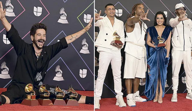 Camilo posa con sus 4 gramófonos y raperos cubanos celebran premio. Foto: AFP