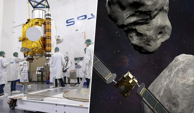 A la izquierda, los científicos sacan a DART hacia una plataforma rodante; a la derecha, la nave espacial apunto de colisionar contra uno de los asteroides. Foto: NASA/ Johns Hopkins APL /Ed Whitman / AFP