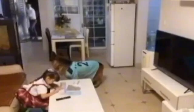 La niña comenzó a estudiar apenas su mascota golpeó la mesa con su pata para avisarle que su padre había llegado. Foto: captura de TikTok