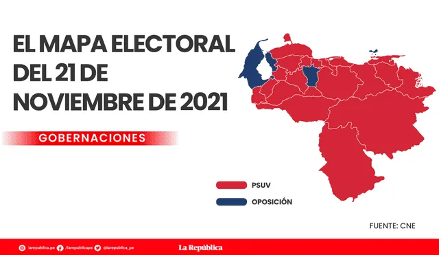 El mapa de Venezuela quedó teñido de rojo (color del PSUV) luego de que el partido de Nicolás Maduro obtuviera 20 de 23 gobernaciones. Foto: LR/CNE