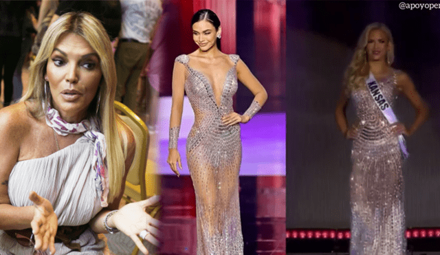 Jessica Newton se muestra indignada con similitudes entre los vestidos de Janick Maceta y Gracie Hunt, ambos diseñados por Maritza Mendoza. Foto: composición/difusión/Apoyo Perú Reinas/Instagram